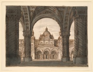 Scenedesign, kirkefasade fra en loggia, I due Valdomiri av Felice Romani, musikk av Pietro de Winter. Fremført på La Scala, Milano, 1818 av Romolo Achille Liverani