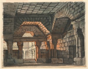 Scenedesign, befestet slottsinteriør for "Ciro in Babilonia" av Gioachino Rossini, La Scala, Milano, 1818, "Underground Prison"