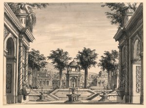 Scenedesign, Indian Palace Garden for balletten "Genghis Khan" av Luigi Henry av Romolo Achille Liverani