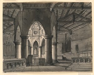 Scenedesign, interiør i gotisk kapell av Romolo Achille Liverani