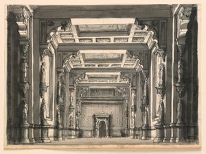 Scenedesign, interiør i Gothic Hall av Romolo Achille Liverani