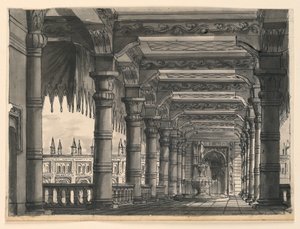 Scenedesign, Loggia med fontene i et orientalsk palass av Romolo Achille Liverani