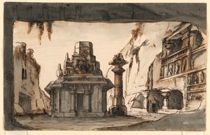 Scenedesign, orientalske bygninger blant huler og steiner av Romolo Achille Liverani