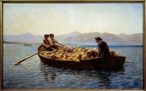 Endring av beite. Hyrder gikk ombord i flokken med sauer for å ta dem til den andre bredden. Maleri av Rosa Bonheur (1822-1899) av Rosa Bonheur