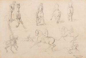 Studier av en hest og rytter (grafitt på hvitt vevd papir) av Rosa Bonheur
