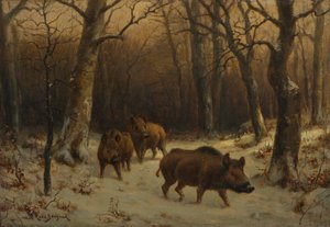 Villsvin i snøen, ca. 1872-1877. av Rosa Bonheur