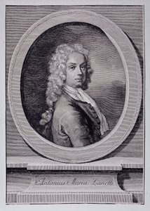 Portrett av Antonio Maria Zanetti, italiensk tegneserieskaper (gravering av Rosalba Giovanna (after) Carriera