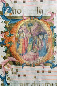 Corale / Graduale nr.5 Historikert initial "O" som viser tilbedelsen av magiene av Rossello Franchi