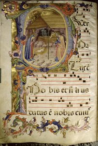 Corale / Graduale nr. 5 Historikert initial "P" som viser fødselen av Rossello Franchi