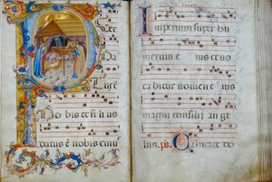 Korboken "D", vist i katedralen i Santo Stefano: en historisk initial som skildrer fødselen, ca. 1429-35 av Rossello di Jacopo Franchi