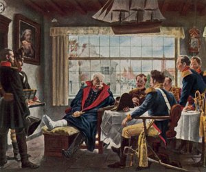 Blücher mottar Napoleons medalje og hatt etter slaget ved Waterloo