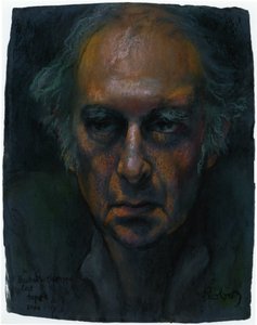 Harold Pinter i Samuel Becketts enakters monologspill Krapps Last Tape-portrett av Zsuzsi Roboz i pasteller c