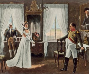Møte mellom dronning Louise og Napoleon I i Tilsit, 6. juli 1807 (forbedret fargelitografi)