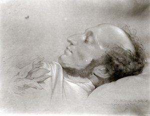Felix Mendelssohn (1809-47) på dødsleiet, ca. 1847 av Rudolf Julius Benno Huebner