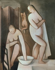 Tre kvinner ved badet deres