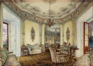Innvendig utsikt over salongen til et slott i Obertwaltersdorf; Innvendig utsikt over en salong i Obertwaltersdorf slott, av Rudolf von Alt