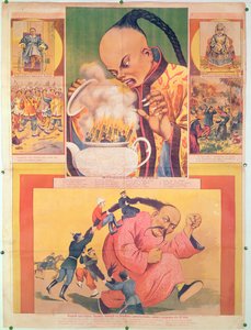 Komisk russisk plakat som satirerer europeerne i Kina, trykt i Moskva, Russland, 1900