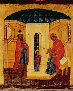 Ikon som viser Jesus i tempelet, ca. 1550 (tempera og bladgull på panel) (detalj av 314500) av Russian School