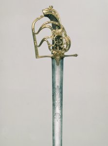 Offiserers bredsverd gravert med en dobbelthodet ørn med figuren til St. George under den keiserlige kronen, festet dekorert med monogram av Katarina II 1729-96), Russland, 1700-tallet (stål, brons
