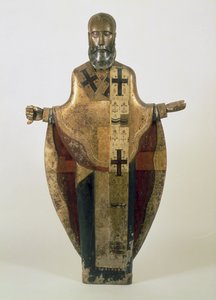 Statue av St. Nicholas av Mozhaisk, russisk, sent på 1500-tallet (tre, ornamentert brokade, gesso, tempera)