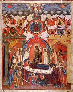 The Dormition, 1700-tallet (tempera på panel) av Russian School