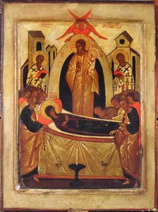 The Dormition of the Virgin (tempera og bladgull på panel) av Russian School