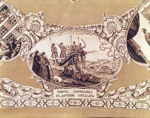 Henrettelsen av den falske Dimitri, detalj fra et sjal som viser historien til den kongelige bedrageren (tekstil) av Russian School