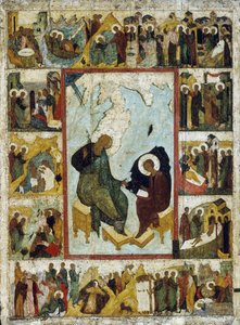 Evangelisten Johannes på Patmos med scener fra hans liv, tidlig på 1500-tallet. av Russian icon.