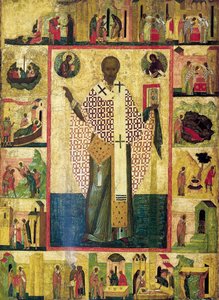 Saint Nicholas of Zaraisk med scener fra hans liv, tidlig på 1500-tallet. av Russian icon.