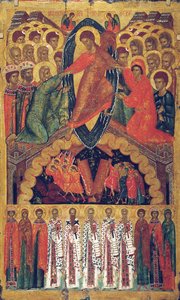 Nedstigningen til helvete, med utvalgte hellige, sent på 1400-tallet. av Russian icon.