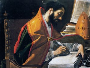 Saint Ambrose, maleri av Rutilio Manetti (1571-1639), olje på lerret, 67x89 cm, Italia