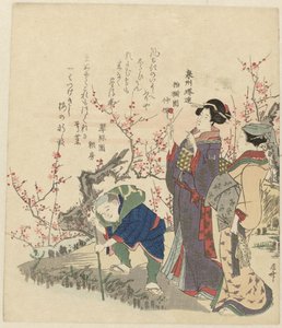 Figurer ved dammen med blomst av Ryuryukyo Shinsai