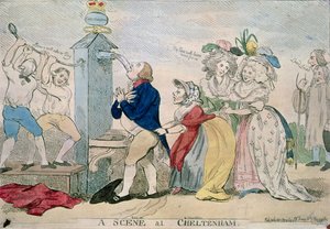 En scene i Cheltenham. Satirisk tegneserie, pub. 1788 av S.W. Fores