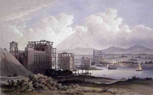 Britannia Tubular Bridge over Menai-stredet, tatt under byggingen i 1848, litografi av Day and Son av S. (after) Russell