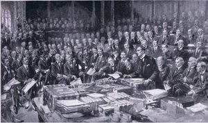 En av de mest betydningsfulle hendelsene i parlamentets historie 3. august 1914, fra Cassells History of the British People utgitt av Waverley Book Company Limited, ca. 1940