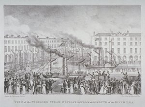 Utsikt over den foreslåtte dampnavigasjonsdokken ved munningen av elven Lea, ca. 1835 av S. Hemming