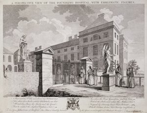 Et perspektivbilde av Foundling Hospital med emblematiske figurer, 1749 av S. Vale