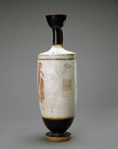 White Ground Lekythos med ung kvinne ved en grav, 450-440 f.Kr. (terrakotta med hvit grunn) av Sabouroff Painter (attr. to)