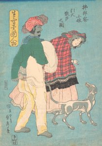 En ung fransk dame og en siamesisk tjener som tar en hund på tur, november 1860., november 1860.