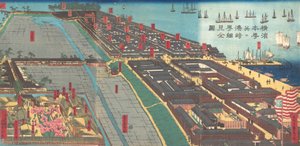 Detaljert trykk av Yokohama Hon-cho og Miyozaki Pleasure Quarter, 4. måned. 1860. av Sadahide Utagawa