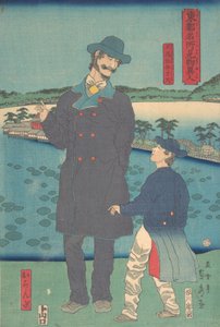 Nederlender og barn ser på Benten-helligdommen ved Shinobazu-dammen, 7. måned, 1861 av Sadahide Utagawa