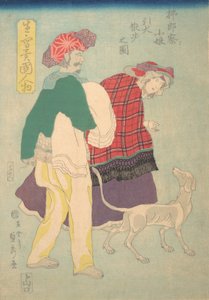 Fransk jente som går tur med en hund akkompagnert av en siamesisk tjener, 11. måned, 1860.