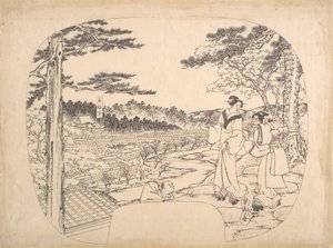 To kvinner som beundrer severdighetene fra et utsiktspunkt ... Zenpukuji-tempelet, 1800-tallet. av Sadahide Utagawa
