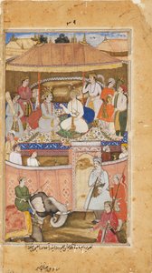 Krishna, i form av Indra, gir råd til en konge, 1598 av Sadiqi Beg