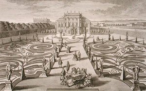 Østerriksk hus og hage, gravert av Johann August Corvinus (1683-1738), publisert ca. 1730-40 (gravering)