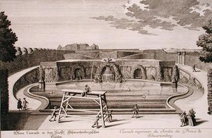 Stor fontene i hagen til prinsen av Schwarzenberg, Wien, gravert av Georg-Daniel Heumann (1691-1759), publisert ca. 1724-37 (gravering) (se også 170853)