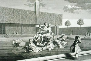 Neptunus og Thetis-fontenen ved Belvedere-palasset, Wien, gravert av Jakob Gottlieb Thelott (ca. 1711-75), publisert ca. 1730-40 (gravering)