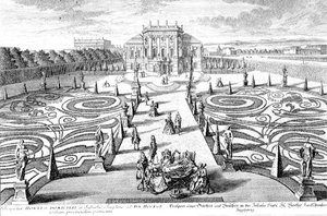 Utsikt over en hage og et hus i Josefstadt, Wien, gravert av Johann August Corvinus (1683-1738) (gravering)