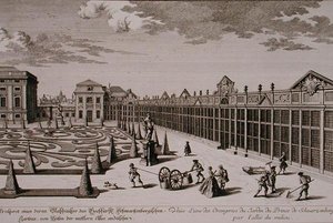 Utsikt over et av orangeriene i hagen til prinsen av Schwarzenberg, Wien, gravert av Georg-Daniel Heumann (1691-1759), publisert ca. 1724-37 (gravering) (se også 170855)