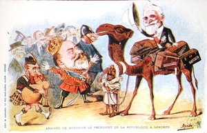 Karikatur av ankomsten av den franske republikkens president, Emile Loubet (1838-1929) i London i 1903 (farge litho) av Salomon Assus